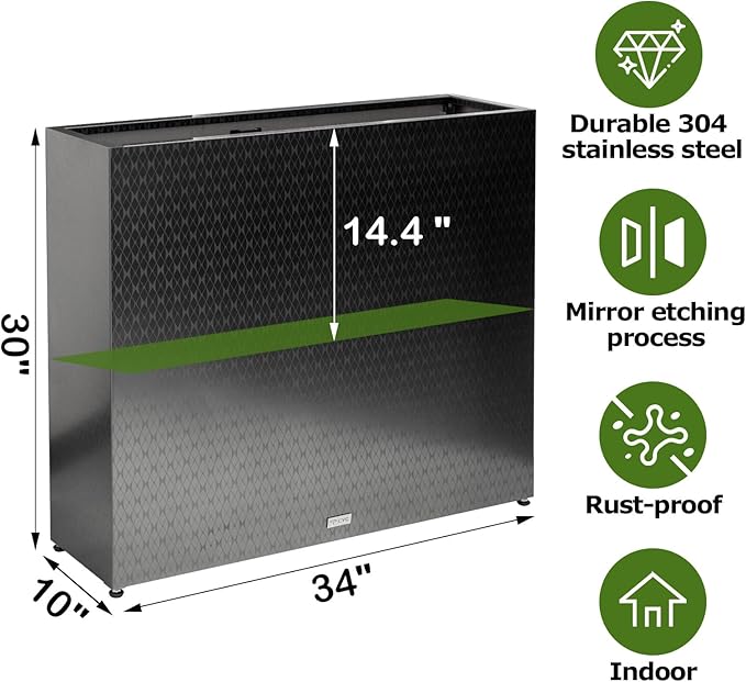 CYC Luxury 30"H x 34"W x 10"D Black Stainless Steel Rectangular Tall Large Planter Box with Mirror Etching No Coating for Indoor or Outdoor Patio/Porch, Modern Décor for Tall Plants, Trees, Flowers