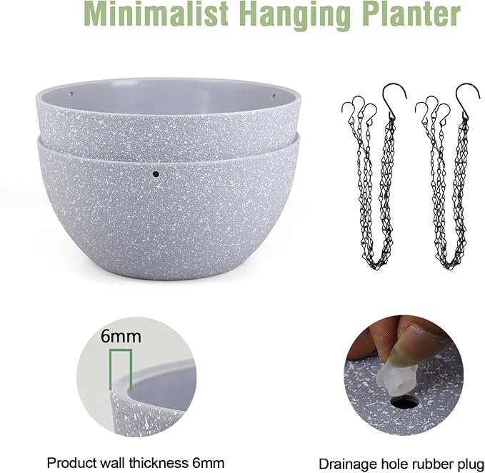 Meowell 12 inch Large Hanging Planters for Indoor Outdoor Plants, 2 Pack Hanging Flower Pots with Drainage Holes and Chain for Garden Porch, Plastic Hanging Baskets for House Plants, Speckled Grey