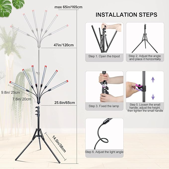 JINHONGTO 54 Watt Grow Lights for Indoor Plants with Stand, Standing Tall Plant Light with 4,8,12 Hr Timer, Full Spectrum Bonsai Tree Grow Light, 24"-64" Adjustable Tripod Stand Plant Growing Lamps