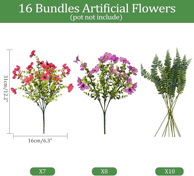 Pinenoya Artificial Faux Plants Flowers Outdoor Decoration,16 Bundles Fake Silk Colorful Daisy Eucalyptus Realistic UV Resistant for Outside Home Planter Porch Patio Yard Decor (Purple Red)
