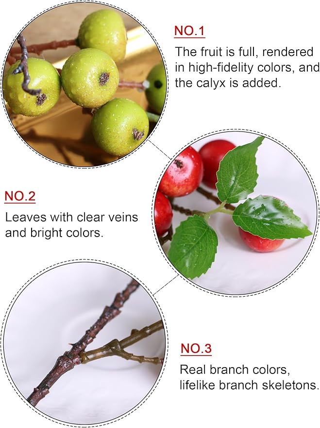 Forlaoers Realistic 4Pcs 21.6 Inch Green Faux Berries Artificial Flowers Artificial Fruits Fake Berry for Christmas House Decor Dining Vase Fillers Table Centerpieces Decoration Indoor