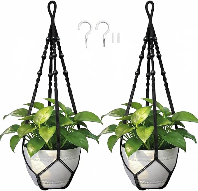 EJGIEGSO Macrame Plant Hanger, Up to 4-15 inch Pots, Wood Beads Cotton Hanging Planter Holder for Indoor Outdoor Boho Home Decor, 35 Inch, Set of 2 (Black)