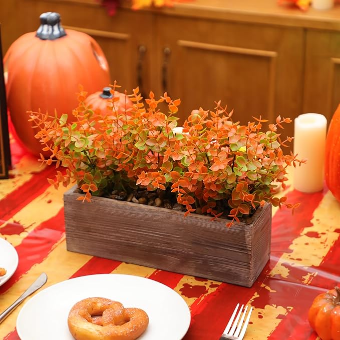 Lyrow 2 Pack Artificial Eucalyptus Plant in Rectangular Rustic Wooden Planter Box Faux Potted Herb Plant Table Centerpiece for Kitchen Windowsill Shelf Decor (Fall,11.4 '')