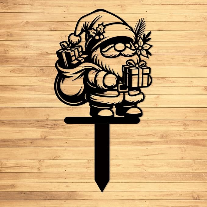 Magilab Personalized Iron Yard Stake - Christmas Cute Gnome Dwarves Decor, 8-Inch Black Metal Garden Sign for Outdoor (Style P)