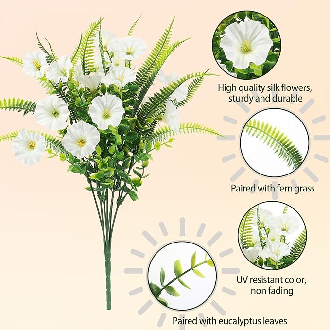 HIAGROW Artificial Flowers Outdoors 12 Bundles White Artificial Petunias Fake Flowers UV Resistant Shrubs Plants with Fern for Indoor Outside Hanging Planters Home Garden Summer Decorations