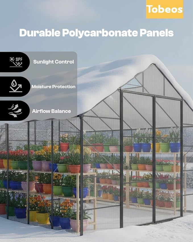6×12 FT Walk-in Greenhouse Polycarbonate Greenhouse for Outdoors, Heavy Duty Backyard Garden Greenhouse with Aluminum Frame, Clear Panels, Adjustable Roof Vent, Rain Gutter System, Patio
