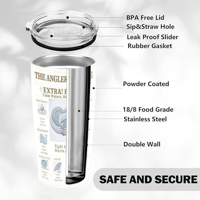 Fishing Gifts Fisherman Tumbler 20oz, Stainless Steel Vacuum Insulated Skinny Travel Mug – Vintage Newspaper Angler Art, Embossed Fish & Hook Icons, Cup Holder Friendly, Fishing Gift for Men, Dad
