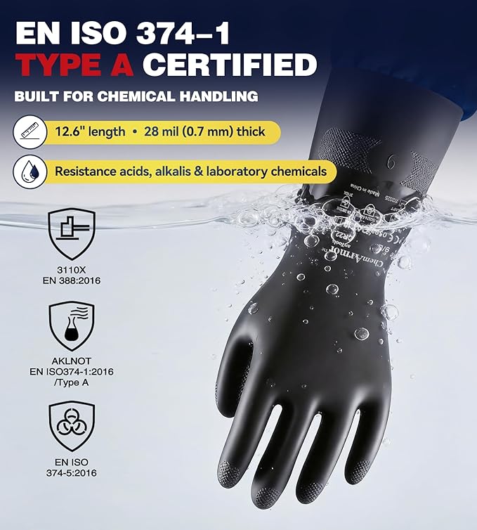 Heavy Duty Rubber Safety Work Gloves, Chemical Resistant Latex Gloves for Cleaning, Acid & Alkali Protection, Hazmat Use, Black, Medium