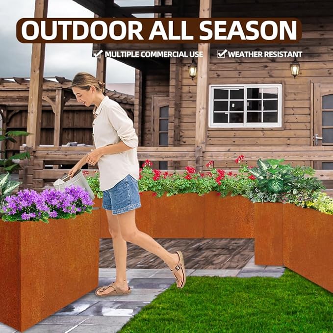 Megawodar Metal Tall Long Planter Box Large Rectangular Planter Flower Pot with Drainage Holes for Indoor Outdoor Deck Porch Garden Home Patio Front Door (Rusty Orange, M)