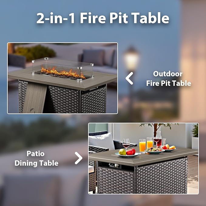 Luxury High Back Patio Furniture Set with Fire Pit Table and 6-Inch Thick Cushions, 5-Pieces Outdoor Furniture 4 Swivel Chairs, Wicker Conversation Set for Porch, Balcony, Deck and Yard, Grey/Blue