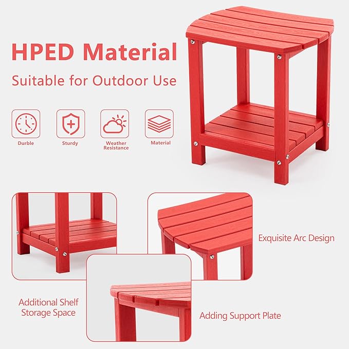 Folding Adirondack Chair Set with Side Table - HDPE Outdoor Patio Chairs, Weatherproof Chair with Reclining Back, Cup & Phone Holder, and 2-Tier Storage End Table for Firepit or Garden (Red)