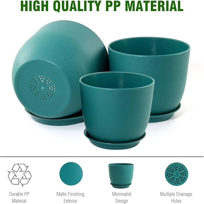 WOUSIWER Plant Pots 10/9/8 inch, Set of 3 Modern Decorative Plastic Planters with Drainage Holes and Saucers for House Plants Indoor Flowers Plants, Blue