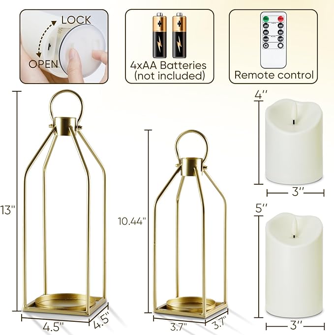 Homemory Modern Farmhouse Lantern Decor with Waterproof Flameless Candle & Remote Timer, 2PCS Gold Metal Candle Lantern Decorative for Outdoor Indoor Home Living Room Patio Porch Table (Gold)