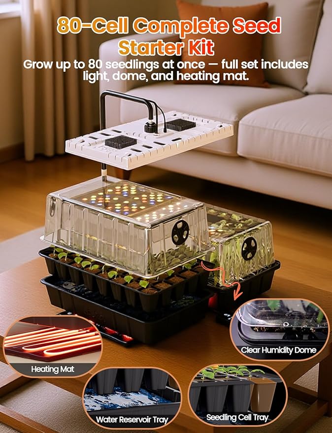80-Cell Seed Starter Tray with 48W Full Spectrum Grow Light & 30W Heating Mat, Adjustable Dome & Light Stand, Waterproof Base, Indoor Germination Kit for Healthy Seedlings