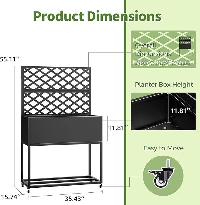 Metal Planter Box with Trellis,55" H x35 W Raised Garden Beds with Privacy Screen for Climbing Plants Flower, Elevated Standing Planter Garden Bed with Drainage Holes for Outdoor Patio,Black