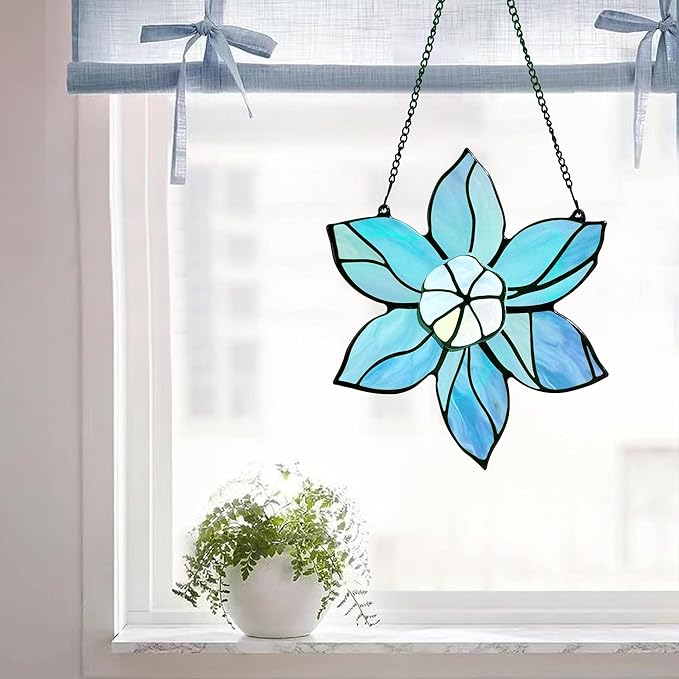 DASTOLL Stained Glass Window Hanging - Blue Christmas Flower Suncatcher for Doors Garden Kitchen Floral Sun Catchers Home Decor Birthday Holiday for Women Aunt Mom Nana Gardener