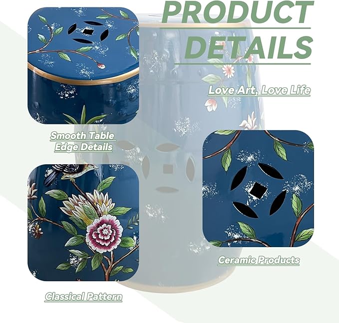 Ceramic Garden Stool, Hand-Painted Decorative Drum Accent Table for Indoor & Outdoor Use, Glazed Blue & White Chinoiserie Plant Stand, Side Table for Patio, Living Room, Bedroom, Balcony