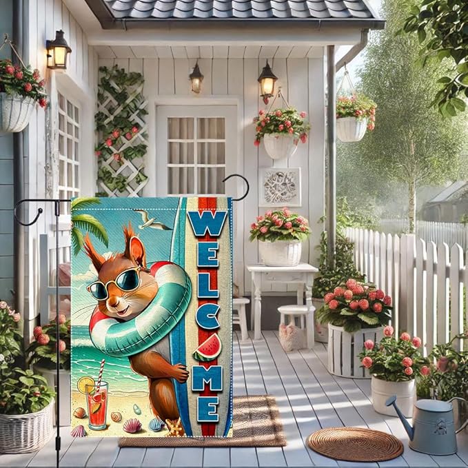 Welcome Garden Flag 12.5X18 Inch Double Side Burlap beach Surfboards Squirrel Summer Garden Flags Home Outdoor Yard Lawn Coastal Decorations