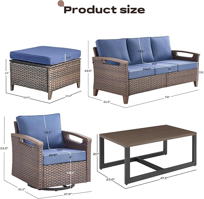 Rilyson Wicker Outdoor Patio Furniture Set - 8 Piece Patio Conversation Sets with Swivel Rocker Chairs, Ottomans, Sofa and Coffee Table, Thick Cushions, Waterproof Wicker, for Porch Deck Brown/Blue