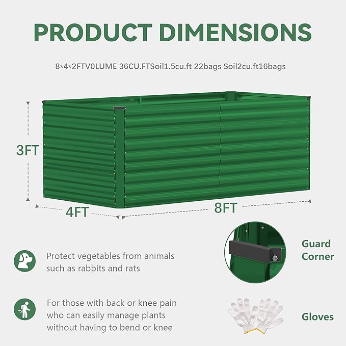 FOOWIN 2pcs 8x4x3ft Galvanized Raised Garden Bed, Planter Raised Garden Boxes Outdoor, Large Metal Raised Beds for Gardening, Garden Bed for Vegetables, Flowers, Herb, Green