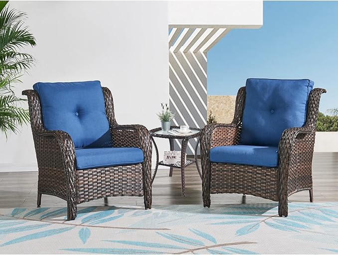 HUMMUH 3 Pieces Patio Bistro Set Wicker Patio Chairs Set of 2 with Tempered Glass Top Side Table Rattan Outdoor Furniture Conversation Set for Yard,Garden,Porch