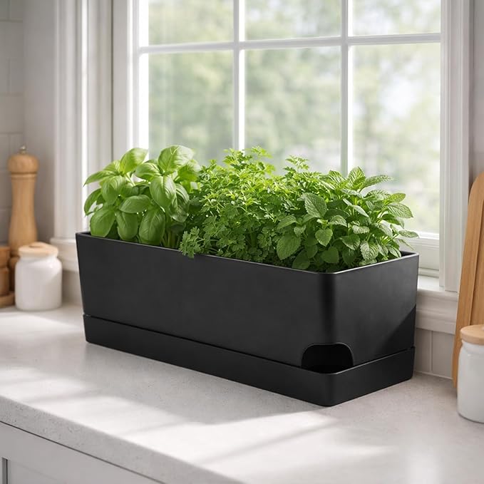 Party Zealot Self Watering Pots for Indoor Plants, 5 Pack Window Boxes Planters 17 Inch Rectangular Planter Rectangle Flower Pots Long Plant Pot Large Window Sill Herb Planter Box, Black