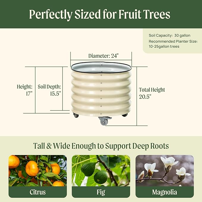 Rolling Metal Citrus Tree Planter Pot, 24″ Round Planter Box for Porch Patio & Backyard, 30 Gallon Large Planter Pot with Wheels for Growing Trees Tomatoes Vegetables and Flowers, Modern Gray