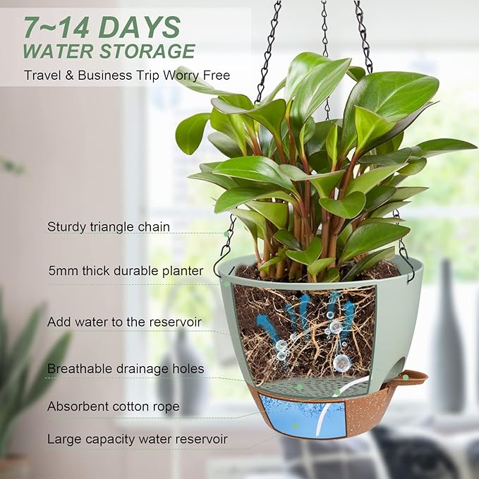 Vanslogreen Hanging Planters for Indoor Outdoor Plants, 2 Pack Self Watering Hanging Pot with Drainage Holes & Removable Tray (Green, 6'')