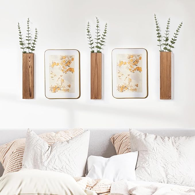 3 Pack Wooden Wall Planters with Fake Eucalyptus Stems, Modern Farmhouse Wood Vases Plants Wall Decor for Living Room, Bedroom, Bathroom (Dark Brown)