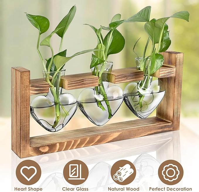 Zorpupoa Plant Propagation Station, Plant Terrarium with Wooden Stand, Tabletop Glass Planter Desktop Plants Propagation Vase for Hydroponics Plants - 3 Heart Shaped Vases