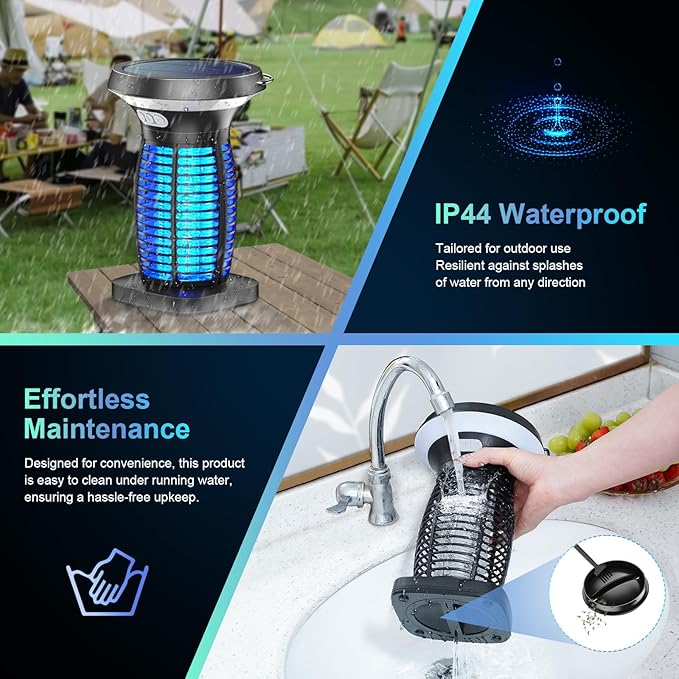 Solar Bug Zapper Outdoor, 3-in-1 Mosquito Zapper Outdoor Solar Powered, Cordless Electric Bug Zapper Indoor with Night Light, Waterproof Fly Zapper for Patio Backyard Home Kitchen Camping