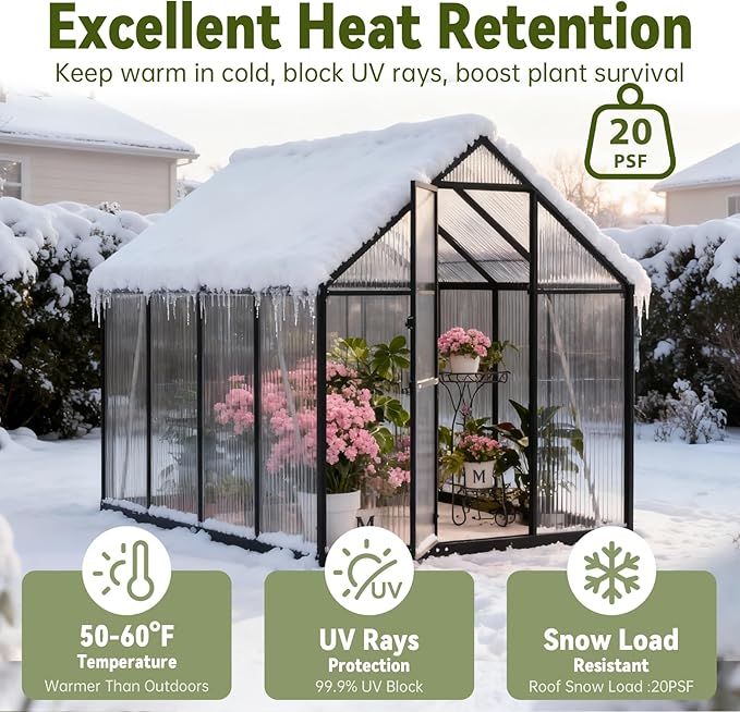 6X7.5 FT Polycarbonate Greenhouse, Walk-in Green House for Outside with Electronic Hygrometer, Reinforced Aluminum Frame Greenhouses, Heavy Duty Garden, Patio, Backyard Flower Planting