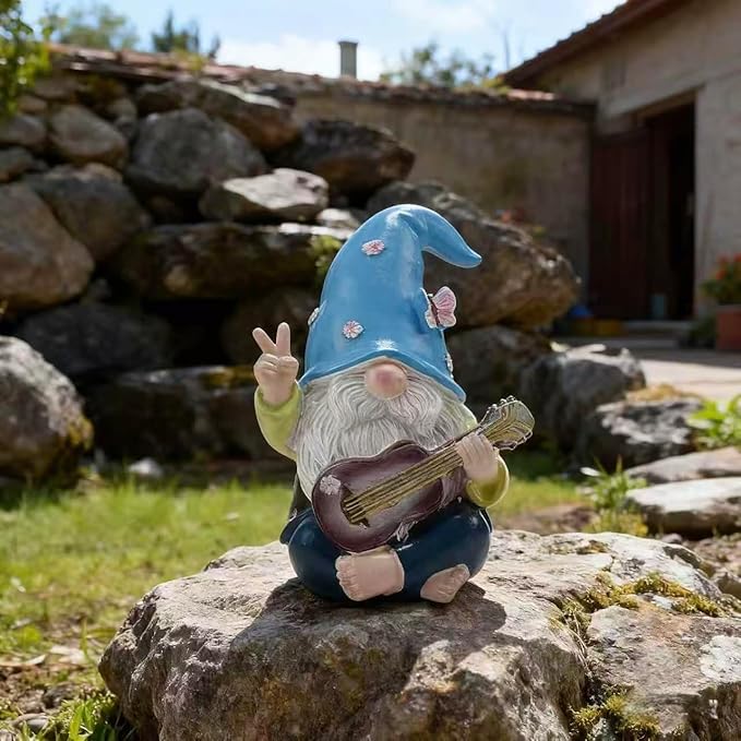 Garden Gnome Decor Statue,Funny Garden Gnomes with Guitar,Decor for House,Lawn,Patio and Porch, Gifts for Friend,Family. (Blue)