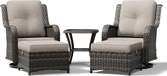 Joyside 5 Piece Wicker Patio Furniture Set, Outdoor Swivel Rocker Patio Chairs with High Back, Deep Seating, Wide Armrest, Thickened Cushions, Outdoor Furniture for Deck, Porch Use