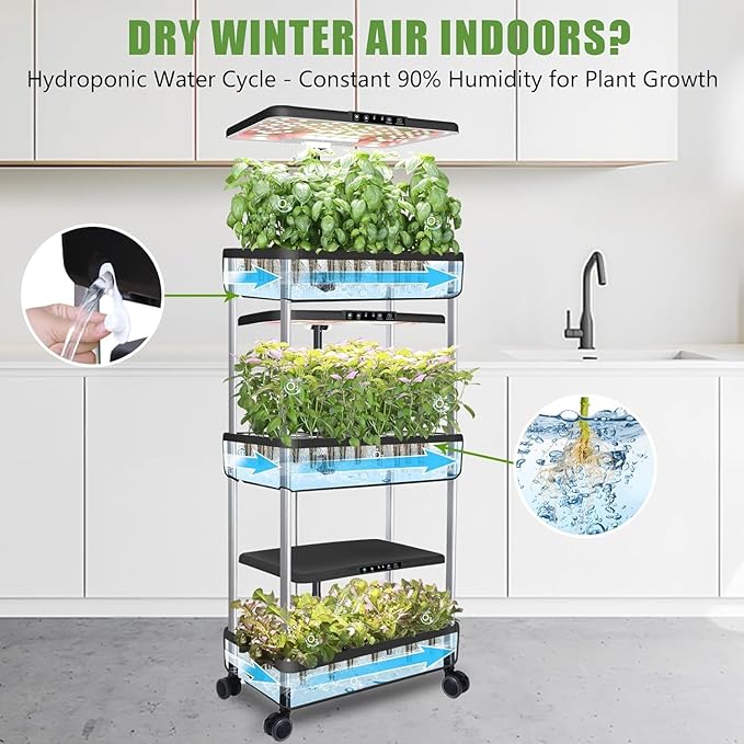 66-Pod Indoor Hydroponic Growing System + 3 Free Seeds Starter Kit (Lettuce, Salad Mixed, Basil Seeds) – Dual 53W Full-Spectrum LED, 10-L Water Tank, 3-Tier Grow Pods (66 Pods)