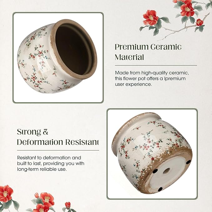 2 Pcs Vintage Planter Large Ceramic Plants Pot Beige Red Rustic Floral Ice Crack Cottage Scroll Vase Flower Pot Indoor Plants Home Kitchen Decor Farmhouse Antique Decorative Gifts