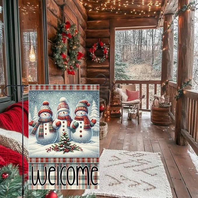 Welcome Snowman Garden Flag 12x18 Inch Double Sided Winter Christmas Burlap Yard Flag Holiday Outdoor Seasonal Decoration for House Lawn Porch Patio Home Decor