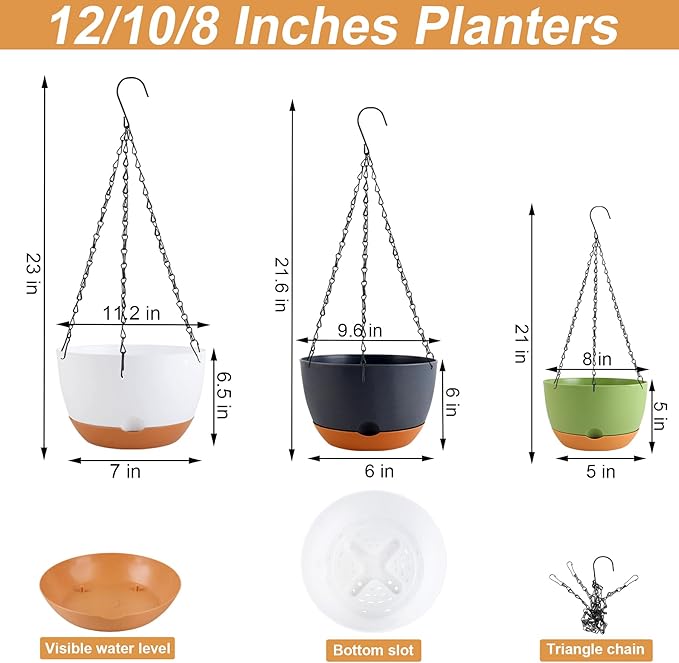 KPUVX 8/10/12 inch Hanging Planters for Indoor Outdoor Plants with Self-Watering Pots, 3 Pack Plastic Hanging Basket with Removable Tray for Home Garden Porch Balcony Patio Decor(White+Black+Green)