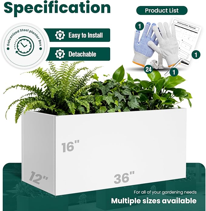 GZGNEEVL Metal Rectangular Planter White Steel Rectangle Planter Box 36" L x 12" W x 16" H Outdoor Indoor Galvanized Steel Large Planters Modern Commercial Residential for Plants Porch Patio