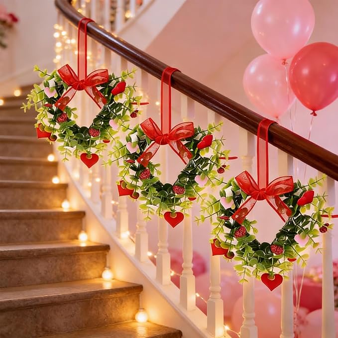 4 Sets Valentine's Day Heart Wreath Artificial Red Berries Heart Swag Kitchen Cabinet Wreaths Hanging Valentines Day Wreaths for Front Door Window Wedding Birthday Home Decoration