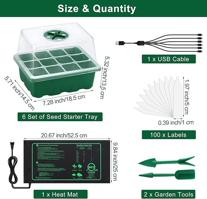 6 Pack Seed Starter Tray Kit with Grow Light and Seedling Heat Mat 72 Cells Seed Starter Tray with Humidity Dome and Base Plastic Plant Growing Germination Trays for Seed Propagation, Green