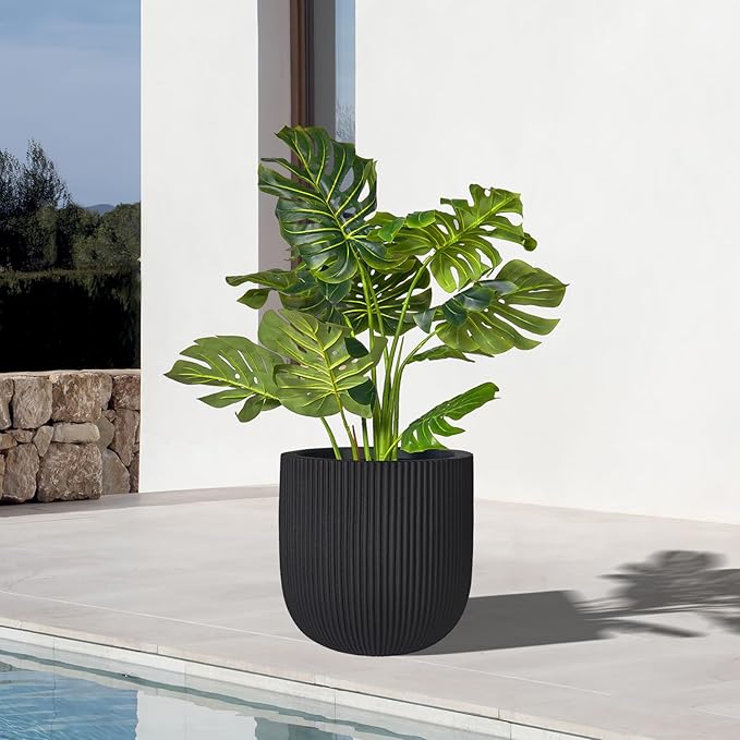 TerraDeco 16 Inch Handmade Concrete Outdoor Planter - Classic Striped Design | Fiberglass & Composite Material | Durable for Commercial & Home Decor