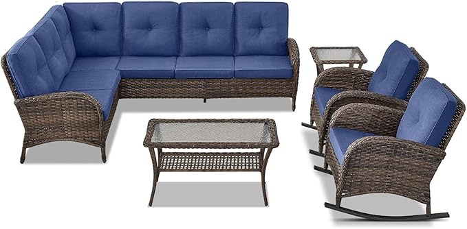 Belord Outdoor Furniture Set - 6 Pieces Patio Conversation Sectional Sofa Set with Patio Rocking Chairs Set of 2 and Wicker Coffee Table for Deck Backyard Sunroom Brown