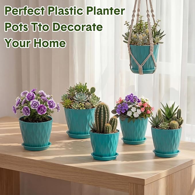 Acellegic 24 Pack 4 Inch Small Pots for Succulents, Waffle Texture Pots with Tray, Plastic Planter with Drainage Holes and Saucers, for Indoor Outdoor Plants Flowers, Seedlings (Lake Green)