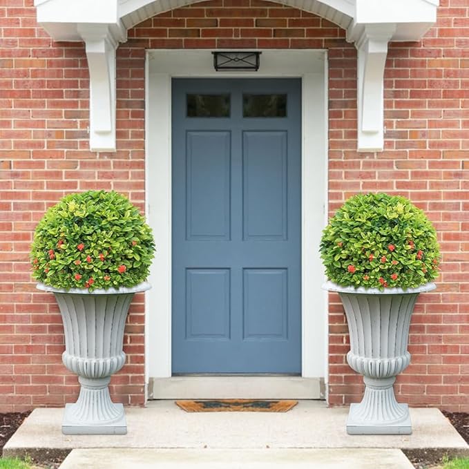 Austram Urn Planters 22", Set of 2, Tall Stone-Resin Pedestal Planters for Outdoor Plants, Large Front Porch Decor, Patio Garden Pots, Outdoor Urns for Entryway, Porch & Deck, White Plant Pot