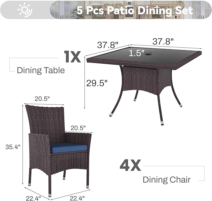 5 Piece Outdoor Dining Set,Rattan Patio Conversation Set of 4 Chairs,Patio Dining Table and Chairs w/Cushions,Square Glass Tabletop,Umbrella Cutout for Patio,NavyBlue