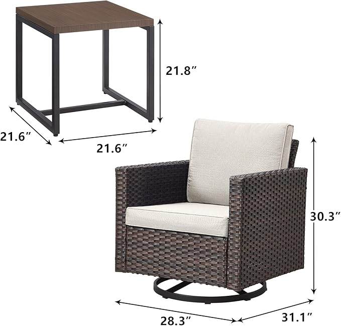 Rilyson Outdoor Patio Swivel Rocker Chairs - 3 Piece Wicker Patio Furniture Bistro Swivel Rocking Chairs Set with Comfortable Cushions,Sturdy Metal Frame and Side Table for Porch Deck(Brown/Beige)