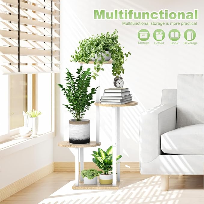 YOCOMEY Plant Stand Indoor, 4 Tier Thickened Metal Corner Plant Shelf for Multiple Plants, Indoor Plants Tiered Flower Pot Stand for Patio Garden Balcony Living Room Bedroom (White Oak)