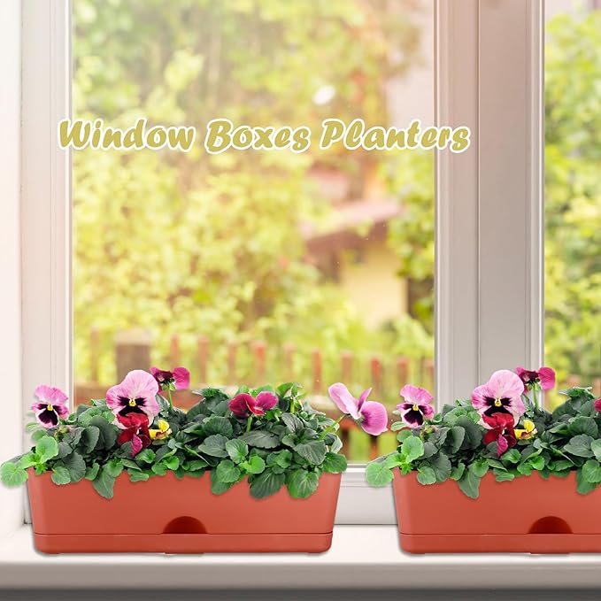 6-Pack Large Window Boxes16 Inch Rectangle Plant Box Rectangular Planters for Outdoor and Indoor Plants Plastic Windowsill Plant Pots for Herbs Vegetable Flowers Long Window Sill Planters