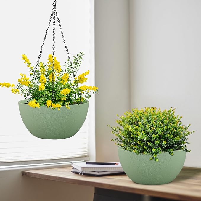 Meowell 10 inch Hanging Planters Plant Pots for Indoor Outdoor Plants, 2 Pack Hanging Flower Pots with Drainage Holes and Chain for Garden Porch, Plastic Hanging Baskets for House Plants, Green